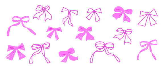 Bows crayon drawn set. Coquette ribbons doodle isolated on white background. Bowknot elements. Vector girly band by pencil illustration isolated on transparent background.