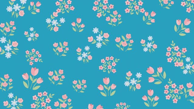 Seamless looping animation of bright pastel flowers on a blue gradient background. Cheerful flat vector floral pattern perfect for modern motion graphics and creative video backdrops.