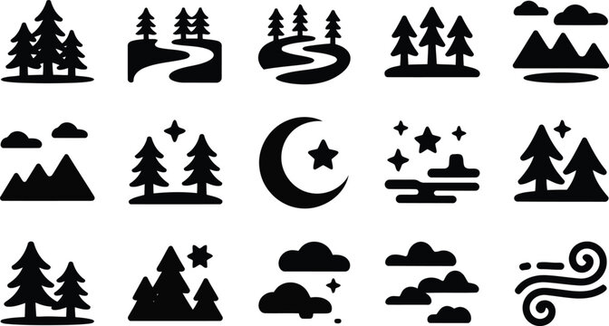 Collection of minimalist black icons representing natural landscapes including trees rivers and celestial features