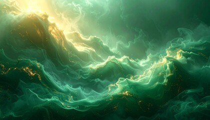 Aerial view of turbulent ocean waves under dark stormy clouds with sunlight breaking through on a dramatic seascape