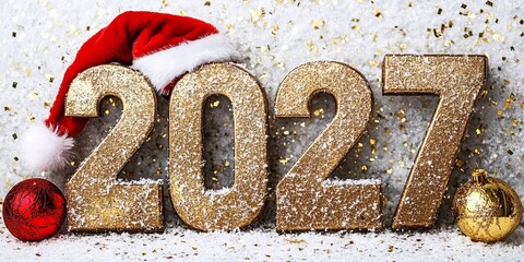 Fototapeta premium Festive 2027 New Year Celebration with Santa Hat and Gold Glitter Numbers on a Snowy Background