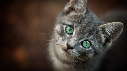 Curious Gray Kitten With Striking Green Eyes Posing For The Camera In A Nature Inspired Background, Captivating And Adorable Feline Photography