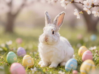 Easter Bunny and Colorful Eggs in Sunny Spring Meadow