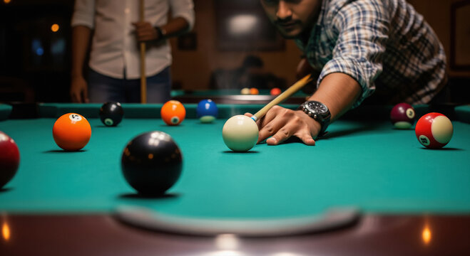 Young man playing pool, aiming shot on green billiard table