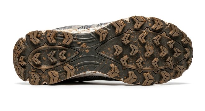 A muddy trail running shoe sole on a white background.