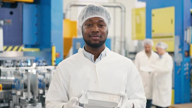 African American male worker wearing lab coat and protective cap holding aluminum trays in hands. Smiling man posing at modern food factory. Industrial production line in background. Indoors.