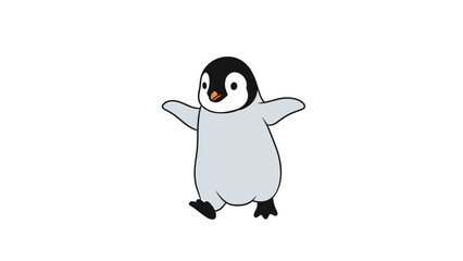 Fototapeta premium Adorable cartoon illustration of a grey and black baby penguin walking forward with its wings spread out in excitement.