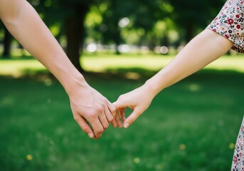 Close Up Of Two Hands Clasped Tight While Walking With Blurred Green Park Background