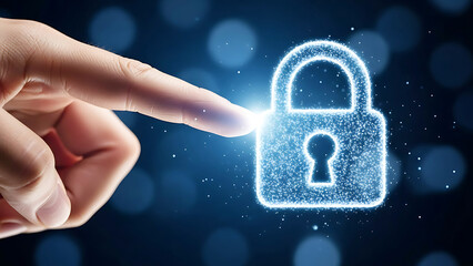 A hand touching a glowing digital padlock on a dark background with blue lights