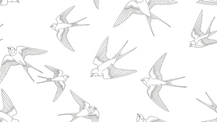 Seamless pattern of swallow birds in various flying positions illustrated with black line art on a clean white background for textiles.