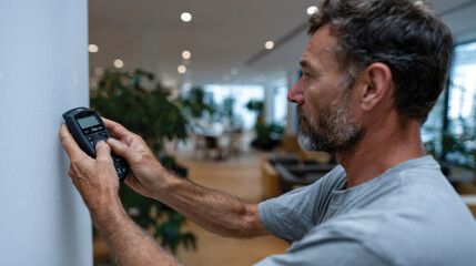 A skilled man measures a wall using a digital device, encapsulating a moment of focus, expertise, and the importance of accuracy in construction or home improvement tasks.