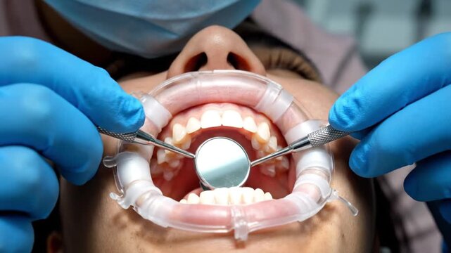 Close-up view of a patient's mouth during a dental examination with tools.