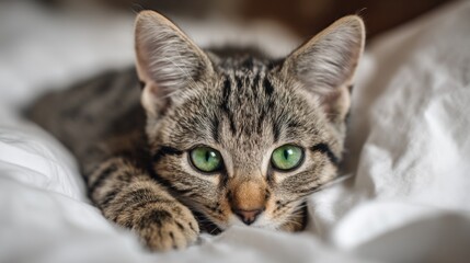 Fototapeta premium Adorable tabby cat with striking green eyes resting on fluffy white bedding, showcasing cuteness and tranquility in a cozy environment for pet lovers