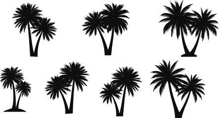 Collection of black palm tree silhouettes, perfect for tropical designs, summer themes, and vacation-related graphic elements. Ideal for web and print projects.