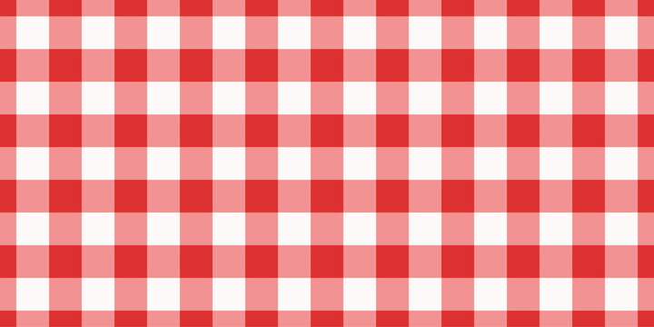 Red gingham fabric seamless pattern. Cute check plaid. Picnic kitchen tablecloth texture. Gingham square vintage texture. Vector illustration isolated on white background.