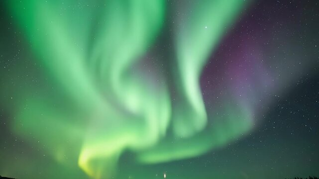Experience the breathtaking spectacle of vibrant green and mystical purple atmospheric lights dancing across a serene, star-filled night sky. This mesmerizing natural phenomenon, resembling flowing cu