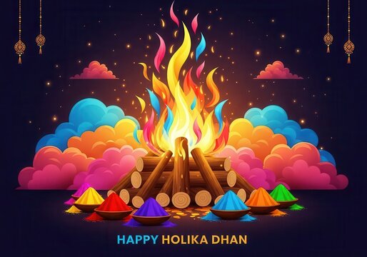 Holika Dahan Celebration Colorful Fire, Holi Festival Background