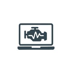 A minimalist outline illustration of an engine diagnostic symbol displayed on a laptop screen. This automotive icon represents vehicle diagnostics, engine repair, and car maintenance