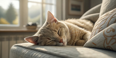 Naklejka na ściany i meble cat sleeping on a sofa, soft fabric texture, window light, peaceful home environment