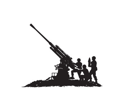 Silhouette of Soldiers Operating Anti-Aircraft Gun.