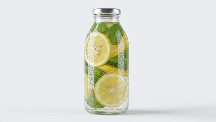 Fototapeta premium Refreshing lemon and mint infused water in glass bottle with condensation on a clean white background.