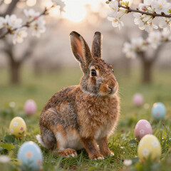 Spring rabbit with colorful eggs in blooming garden