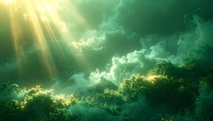 Obraz premium Sunlight filtering through dense clouds over a lush green landscape viewed from a distance