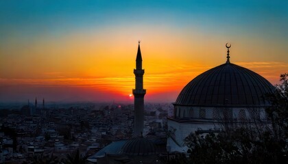 Fototapeta premium Majestic Mosque Silhouette at Sunset - A Spiritual Landscape.