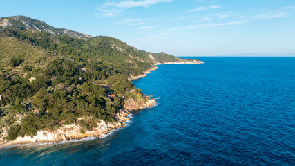 Drone photo of the coastline on Samos island, Greece