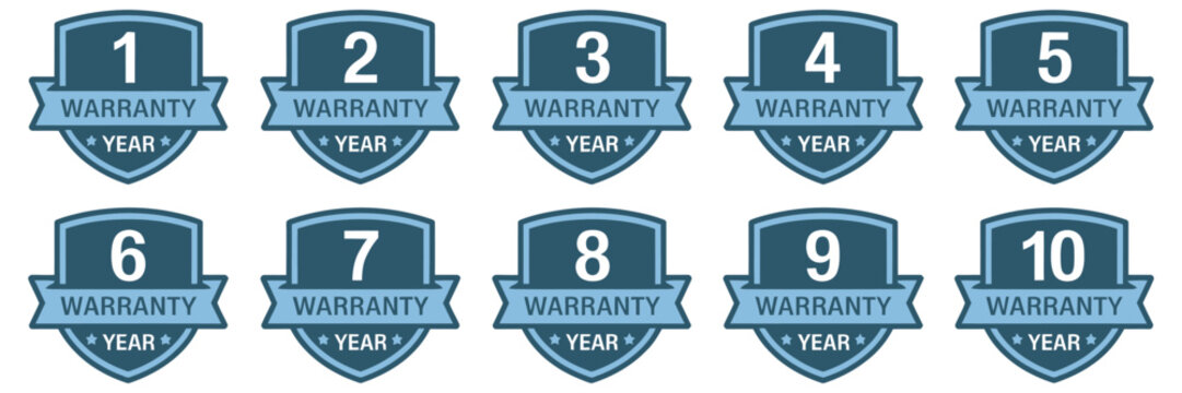Set of 10 warranty icons, shield badges dark blue with light blue banner, &ldquo;WARRANTY&rdquo; text in white, organized in two rows five