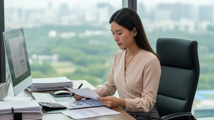 Young Chinese businesswoman diligently reviews financial documents and data on her modern desk in a bright, contemporary office setting
