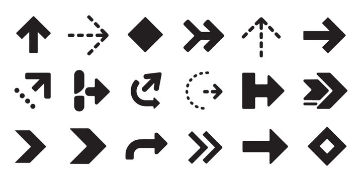 Variety of stylized black arrows including dashed lines and solid shapes for graphic design