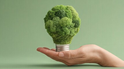 Light bulb made of green moss held by a hand on a green background in an environmental concept photo about sustainability