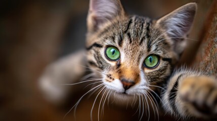Adorable Tabby Cat with Striking Green Eyes Reaching Towards Camera with Outstretched Paws in a Soft Blur Background Captured in Natural Lighting