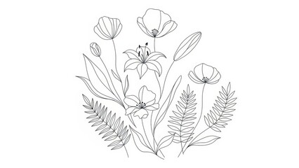 Elegant Line Art Floral Arrangement with Poppies, Lily, and Ferns