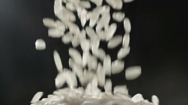 White rice grains falling and piling up on a dark background, showcasing a staple food in a dynamic, close-up shot.