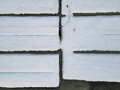 Aerial view of snow-covered fields intersected by dark canals create a stark, geometric pattern, Delft, South Holland, Netherlands.