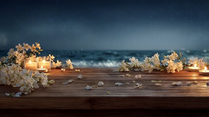 A wooden tabletop set for product display, surrounded by tropical white flowers and glowing candles at night, with the sea and sky softly visible in the background
