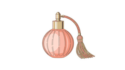 Vintage pink perfume bottle with tassel atomizer on white background.