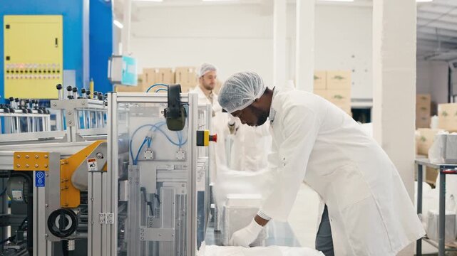 African American male lab worker wearing protective coat and hairnet packaging aluminum trays on production line. Focused man working at automated food container factory. Industrial setting indoors.