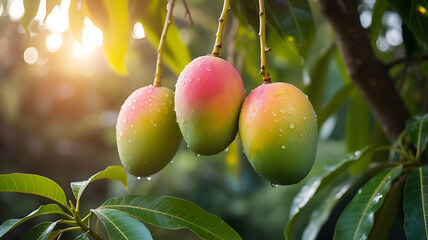Mangoes on the Tree image, bathed in warm sunlight with leafy foliage