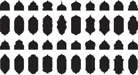 Large collection of black Islamic silhouette frames with mosque domes arches and arabesque patterns vector set