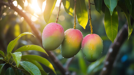 Mangoes on the Tree image, bathed in warm sunlight with leafy foliage