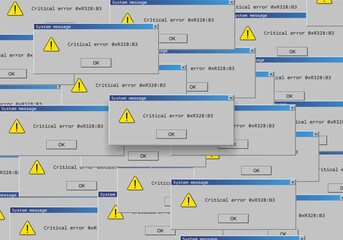 Operating system critical error warning. Retro user interface window with system failure. Software tech crash or bug report concept. Vector illustration for digital UI themes.