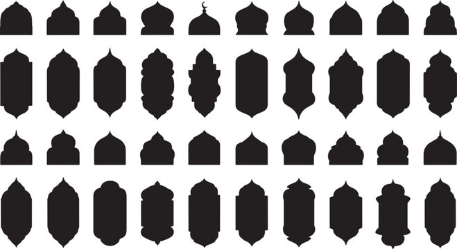 Large collection of black Islamic silhouette frames with mosque domes arches and arabesque patterns vector set