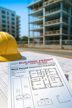 BUILDING PERMIT CONCEPT WITH BUILDING CONSTRUCTION SITE and approved work permission for the construction of a new building