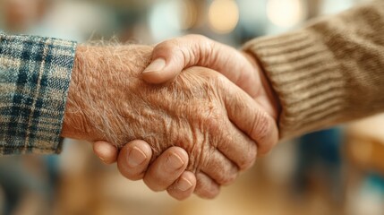 Elderly individuals shaking hands in a community meeting room during a gathering in the afternoon