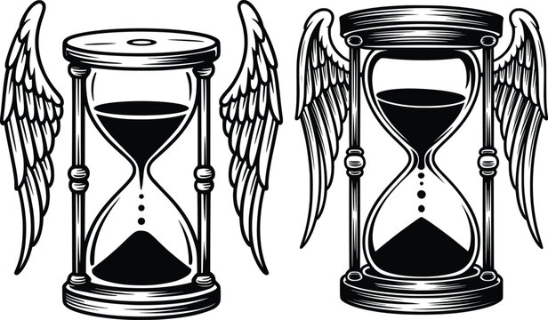 Winged Hourglass Time Symbol Illustration Black and White.