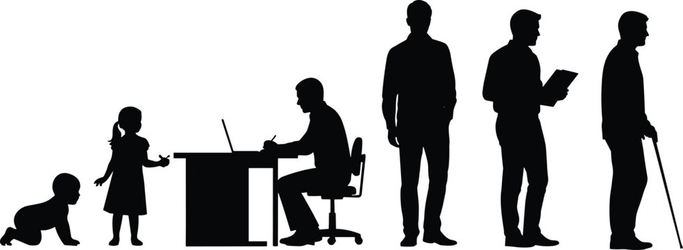 Silhouette sequence showing human life stages from infancy to old age: crawling baby, child, working adult, parent, and elderly person with cane