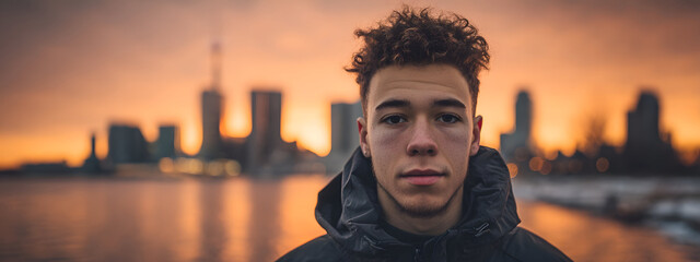 Intense portrait of a contemplative young man with curly hair gazing directly ahead, set against the striking backdrop of a city skyline at golden hour, with a serene waterfront